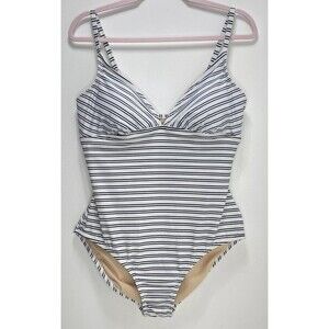 Women's One Piece Swimsuit - Kona Sol, navy blue & White Stripe, L modest